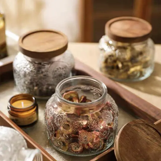 Alt view image 6 of 7 - 25.4 oz Vintage Glass Food Storage Jar with Snowflake Pattern and Wood Lid