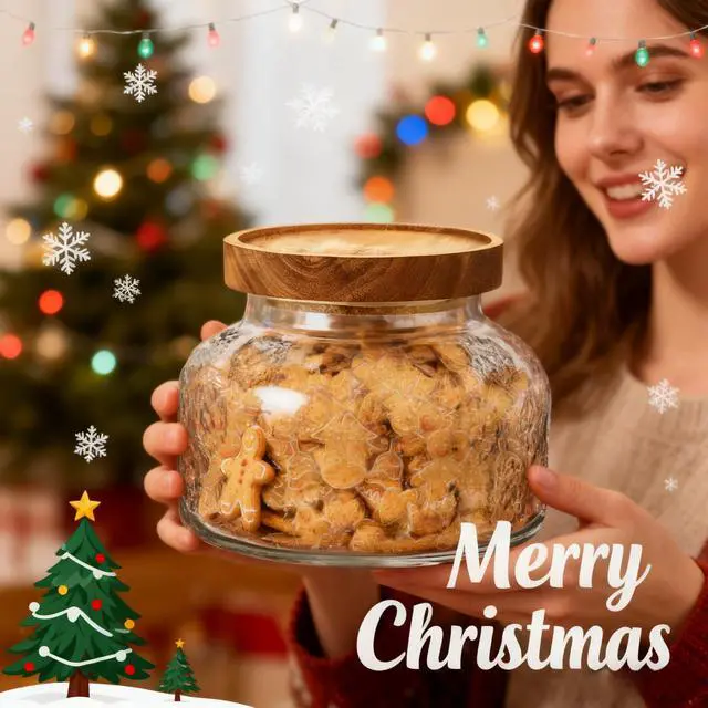 Alt view image 4 of 7 - 25.4 oz Vintage Glass Food Storage Jar with Snowflake Pattern and Wood Lid
