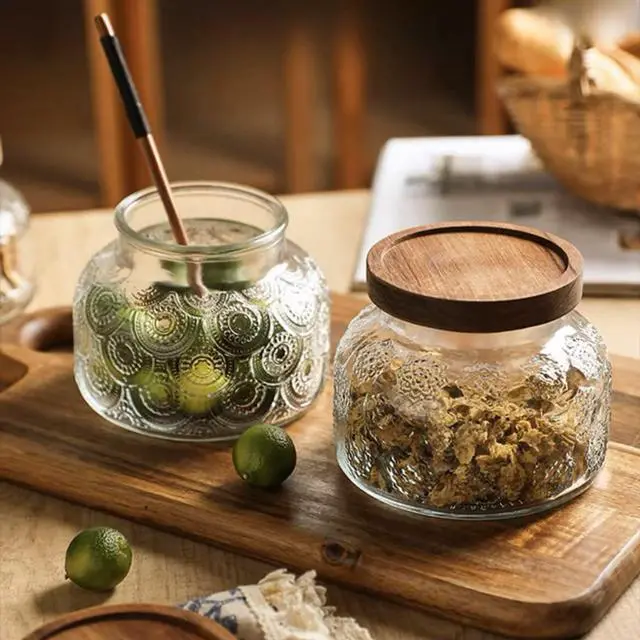 Alt view image 7 of 7 - 25.4 oz Vintage Glass Food Storage Jar with Snowflake Pattern and Wood Lid