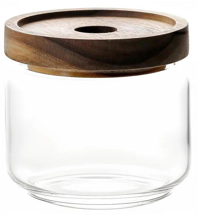 Main image of 300ML/10Oz Clear Cute Glass Storage Canister Holder with Stackable Airtight Wood Lid, Modern Decorative Small Container Jar for Coffee, Spice, Candy, Salt, Cookie, Condiment, Pepper, Sugar