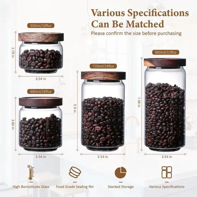 Alt view image 3 of 7 - 300ML/10Oz Clear Cute Glass Storage Canister Holder with Stackable Airtight Wood Lid, Modern Decorative Small Container Jar for Coffee, Spice, Candy, Salt, Cookie, Condiment, Pepper, Sugar