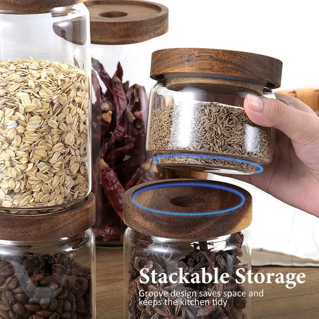Alt view image 4 of 7 - 300ML/10Oz Clear Cute Glass Storage Canister Holder with Stackable Airtight Wood Lid, Modern Decorative Small Container Jar for Coffee, Spice, Candy, Salt, Cookie, Condiment, Pepper, Sugar