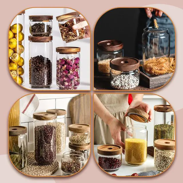 Alt view image 7 of 7 - 300ML/10Oz Clear Cute Glass Storage Canister Holder with Stackable Airtight Wood Lid, Modern Decorative Small Container Jar for Coffee, Spice, Candy, Salt, Cookie, Condiment, Pepper, Sugar