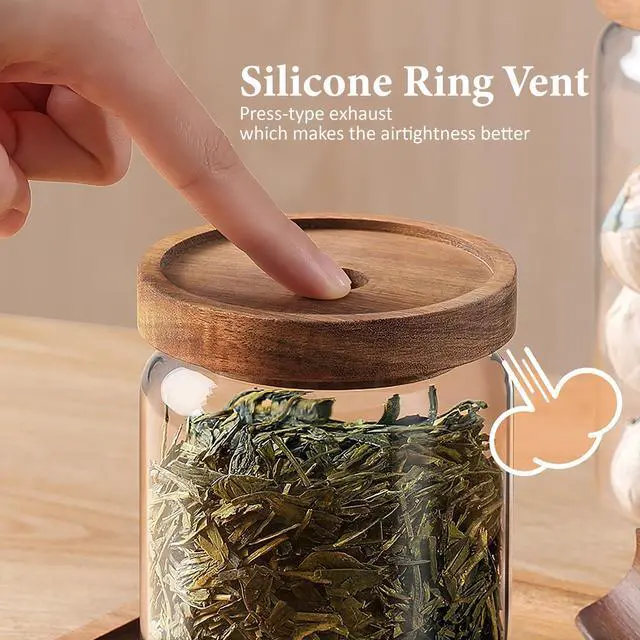 Alt view image 5 of 7 - 300ML/10Oz Clear Cute Glass Storage Canister Holder with Stackable Airtight Wood Lid, Modern Decorative Small Container Jar for Coffee, Spice, Candy, Salt, Cookie, Condiment, Pepper, Sugar