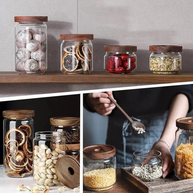 Alt view image 6 of 7 - 300ML/10Oz Clear Cute Glass Storage Canister Holder with Stackable Airtight Wood Lid, Modern Decorative Small Container Jar for Coffee, Spice, Candy, Salt, Cookie, Condiment, Pepper, Sugar
