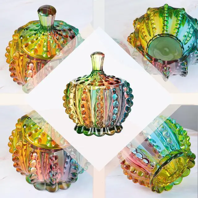 Alt view image 3 of 7 - 6 oz Colorful Embossed Glass Jars with Lid - Crystal Glass Candy Dishes - Iridescent Candy Jars Jewelry Box for Wedding, Party, Buffet Decorative