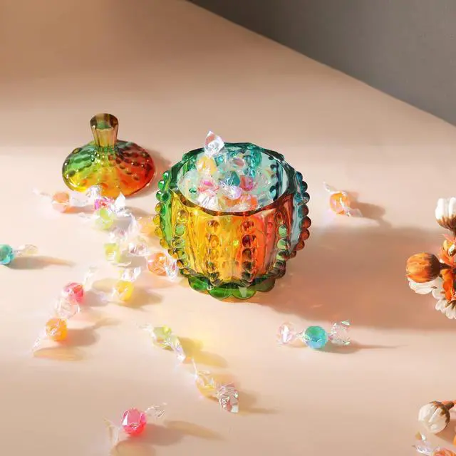 Alt view image 4 of 7 - 6 oz Colorful Embossed Glass Jars with Lid - Crystal Glass Candy Dishes - Iridescent Candy Jars Jewelry Box for Wedding, Party, Buffet Decorative