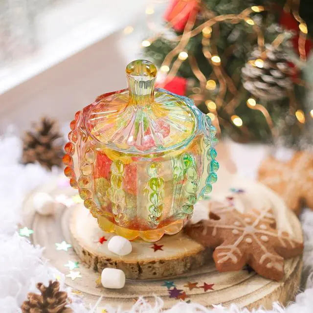 Alt view image 6 of 7 - 6 oz Colorful Embossed Glass Jars with Lid - Crystal Glass Candy Dishes - Iridescent Candy Jars Jewelry Box for Wedding, Party, Buffet Decorative