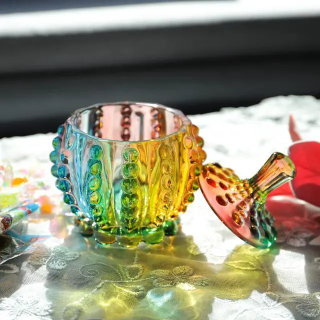 Alt view image 7 of 7 - 6 oz Colorful Embossed Glass Jars with Lid - Crystal Glass Candy Dishes - Iridescent Candy Jars Jewelry Box for Wedding, Party, Buffet Decorative