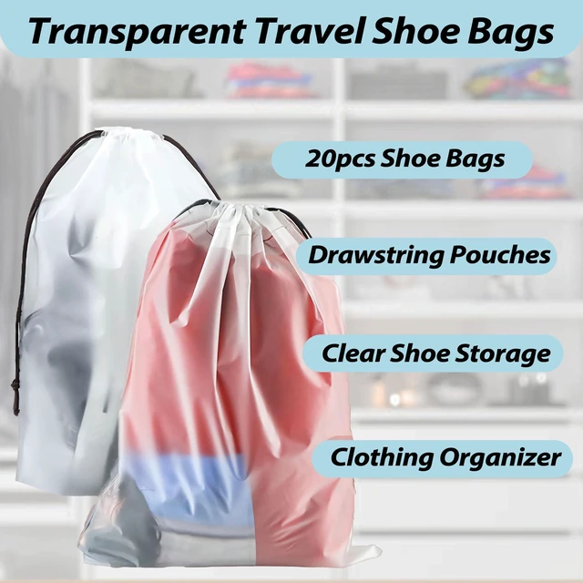 Alt view image 2 of 7 - 20PCS Transparent Travel Shoe Bags, Large 15.7x11.8 Inch Waterproof Drawstring Pouches, Clear Shoe Storage for Suitcase, Travel, Moving and Clothing Organizer for Men Women, Clear, Transparent