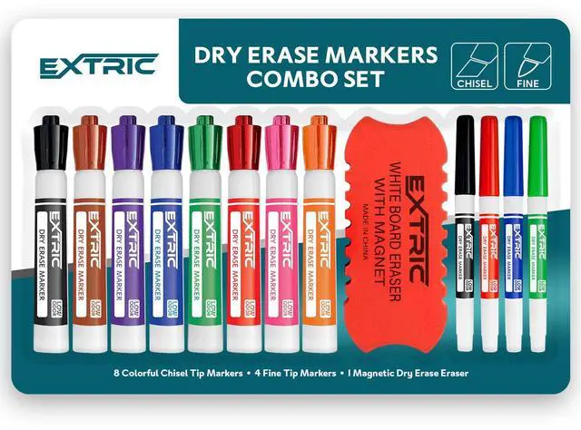 Main image of Dry Erase Markers with Eraser 12 PK Whiteboard Set Fine, Chisel