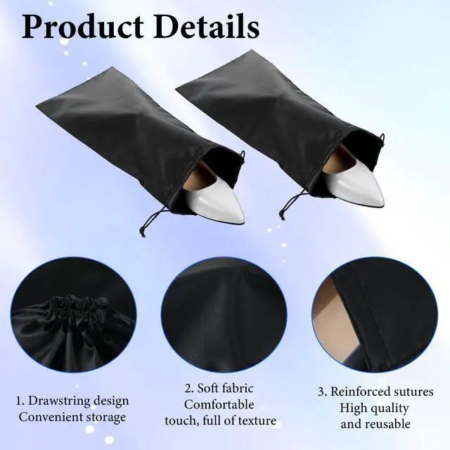 Alt view image 4 of 7 - 4 Pack Shoe Bags for Travel, Satin Fabric Shoe Bag with Drawstring for Men Women, Black Shoes Storage Bags for Travel Protecting Storing Shoes, Washable & Reusable, 17.7× 7.9 In (Black)