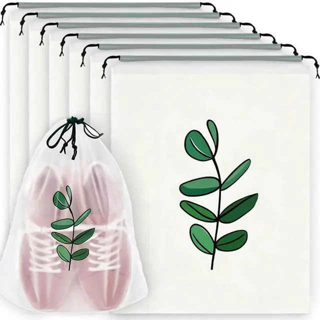 Main image of 6PCS Clear Shoe Bags for Travel, Eucalyptus Leaf Pattern Travel Shoe Bags, Drawstring Shoe Travel Bags for Packing and Storage, Waterproof & Dustproof (15.7 x 11.8)