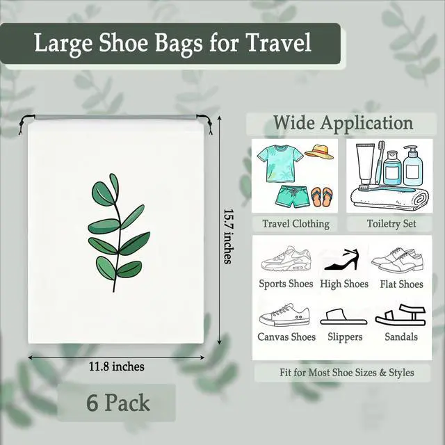 Alt view image 2 of 5 - 6PCS Clear Shoe Bags for Travel, Eucalyptus Leaf Pattern Travel Shoe Bags, Drawstring Shoe Travel Bags for Packing and Storage, Waterproof & Dustproof (15.7 x 11.8)
