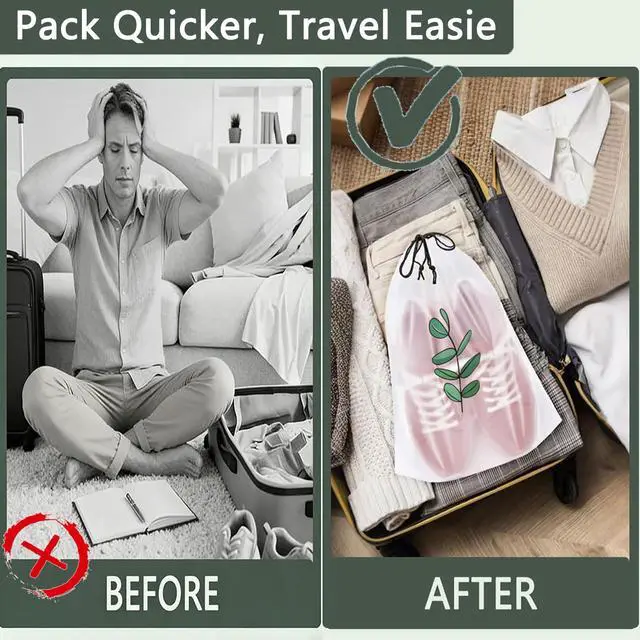 Alt view image 4 of 5 - 6PCS Clear Shoe Bags for Travel, Eucalyptus Leaf Pattern Travel Shoe Bags, Drawstring Shoe Travel Bags for Packing and Storage, Waterproof & Dustproof (15.7 x 11.8)