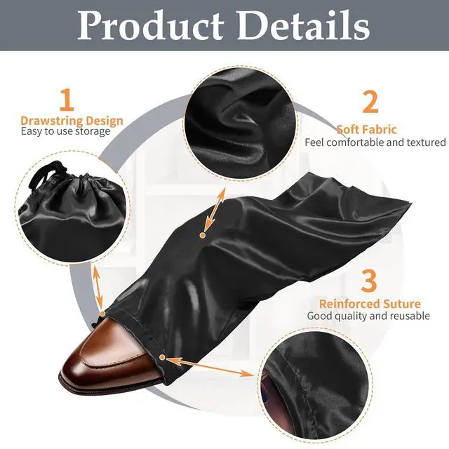Alt view image 4 of 6 - 6 Pack Shoe Bags for Travel - Satin Shoe Bag with Drawstring - Black Shoe Storage Bags for Protecting Storage Shoes - 17.7 x 7.9 In