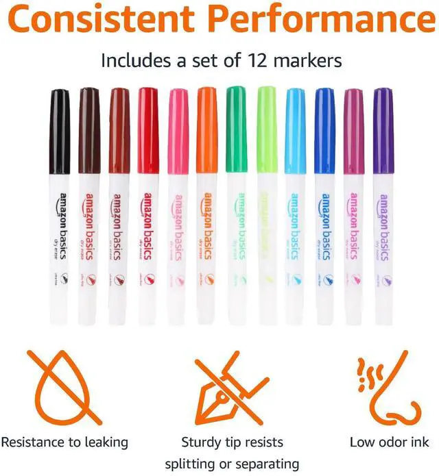 Alt view image 2 of 5 - Low Odor Ultra Fine Tip Dry Erase Whiteboard Markers for Precise Writing, Thin Lines, Assorted Colors, 12-Pack