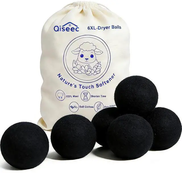 Main image of Wool Dryer Balls 6-Pack XL - Natural Reusable Laundry Fabric Softener, Reduces Wrinkles & Drying Time, Hypoallergenic, Leaves Fabrics Naturally Soft and Fluffy (Black)