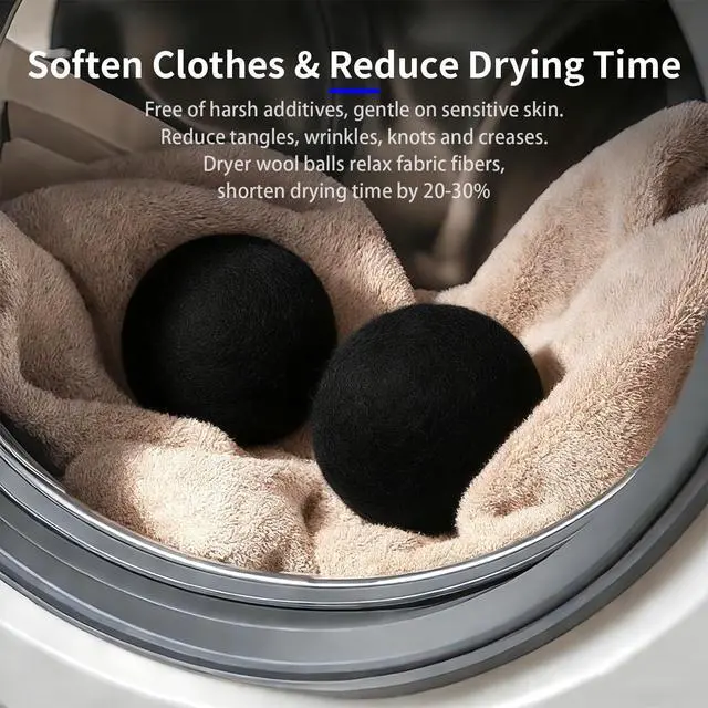 Alt view image 3 of 6 - Wool Dryer Balls 6-Pack XL - Natural Reusable Laundry Fabric Softener, Reduces Wrinkles & Drying Time, Hypoallergenic, Leaves Fabrics Naturally Soft and Fluffy (Black)
