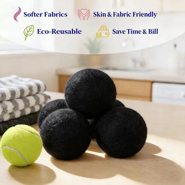 Alt view image 4 of 6 - Wool Dryer Balls 6-Pack XL - Natural Reusable Laundry Fabric Softener, Reduces Wrinkles & Drying Time, Hypoallergenic, Leaves Fabrics Naturally Soft and Fluffy (Black)