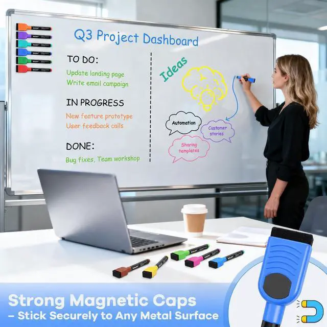 Alt view image 4 of 6 - Magnetic Dry Erase Markers, Fine Tip Whiteboard Markers with Eraser Caps, Low Odor, 12 Assorted Colors, for Fridge Calendar, 12 Count