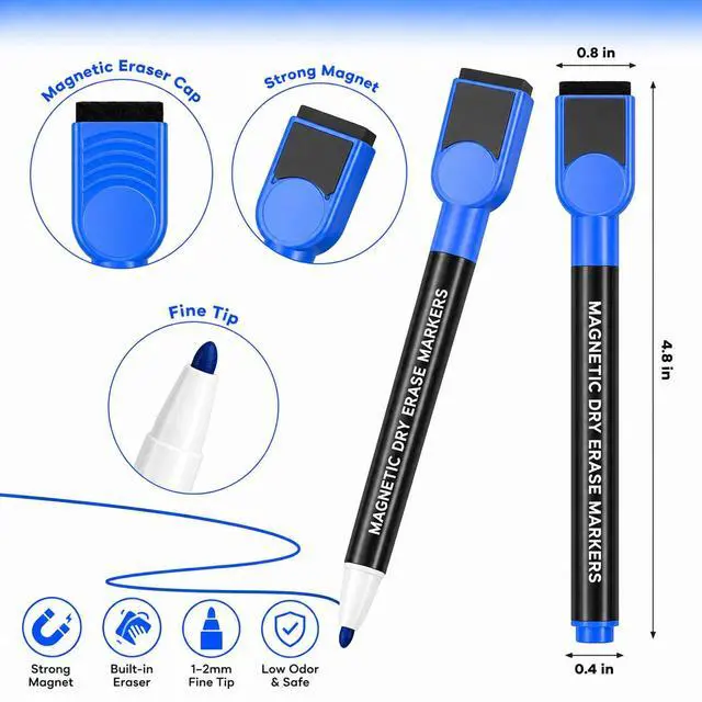 Alt view image 3 of 6 - Magnetic Dry Erase Markers, Fine Tip Whiteboard Markers with Eraser Caps, Low Odor, 12 Assorted Colors, for Fridge Calendar, 12 Count