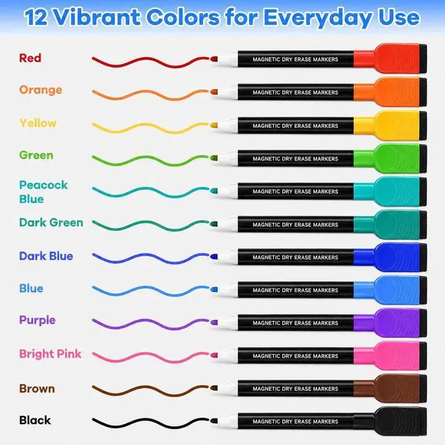 Alt view image 2 of 6 - Magnetic Dry Erase Markers, Fine Tip Whiteboard Markers with Eraser Caps, Low Odor, 12 Assorted Colors, for Fridge Calendar, 12 Count