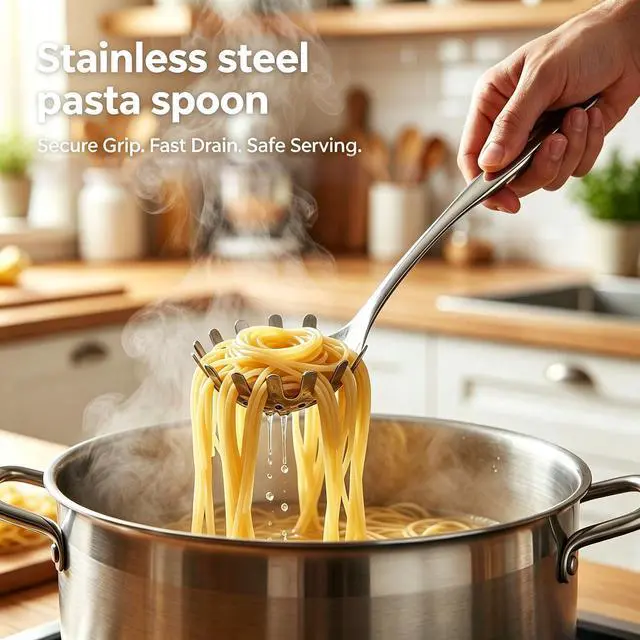 Alt view image 2 of 6 - Stainless Steel Pasta Server, 13 Inch Spaghetti Fork with Teeth & Drainage Holes - Heat Insulated Handle for Serving Pasta, Stirring Sauces, Tossing Salads & Draining Vegetables
