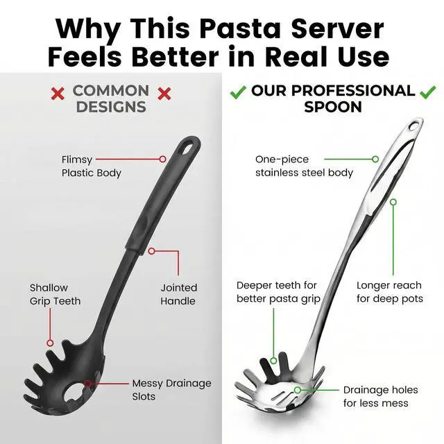 Alt view image 3 of 6 - Stainless Steel Pasta Server, 13 Inch Spaghetti Fork with Teeth & Drainage Holes - Heat Insulated Handle for Serving Pasta, Stirring Sauces, Tossing Salads & Draining Vegetables