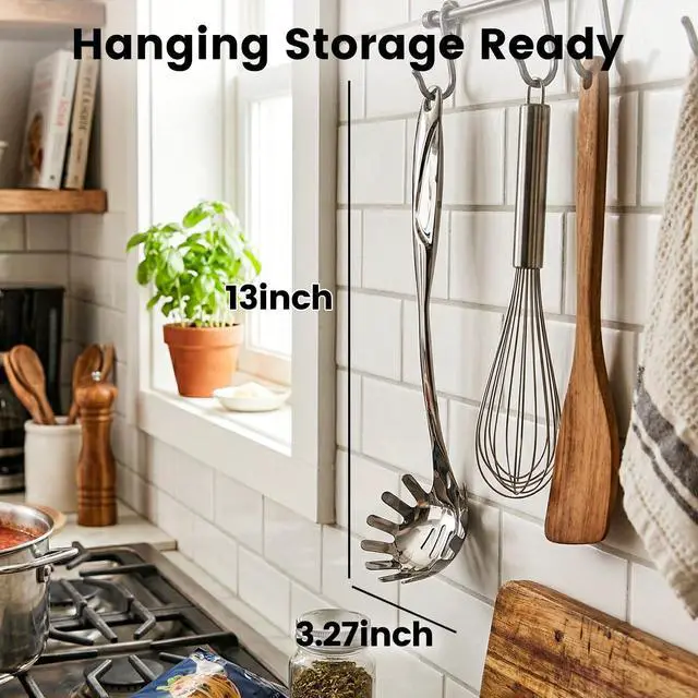 Alt view image 5 of 6 - Stainless Steel Pasta Server, 13 Inch Spaghetti Fork with Teeth & Drainage Holes - Heat Insulated Handle for Serving Pasta, Stirring Sauces, Tossing Salads & Draining Vegetables