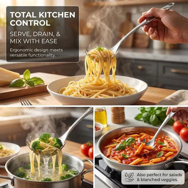 Alt view image 4 of 6 - Stainless Steel Pasta Server, 13 Inch Spaghetti Fork with Teeth & Drainage Holes - Heat Insulated Handle for Serving Pasta, Stirring Sauces, Tossing Salads & Draining Vegetables