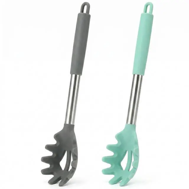 Main image of Silicone Pasta Fork (13.2"), 2-Pack Stainless Steel Handle Spaghetti Server Spoons Heat Resistant 600°F, Food Grade Metal Pasta Spoon, BPA Free, Noodle Spoon.
