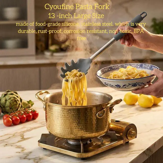 Alt view image 2 of 5 - Silicone Pasta Fork (13.2"), 2-Pack Stainless Steel Handle Spaghetti Server Spoons Heat Resistant 600°F, Food Grade Metal Pasta Spoon, BPA Free, Noodle Spoon.