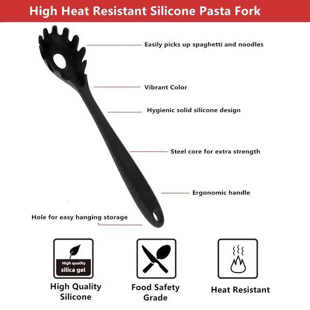 Alt view image 3 of 7 - Spaghetti Spoon Pasta Fork,Silicone Pasta Fork,11.2 inch Spaghetti Strainer Kitchen High Heat Resistant Noodle Spoon Server,Food Grade Pasta Spoon with Stainless Steel Handle,BPA Free (Black)
