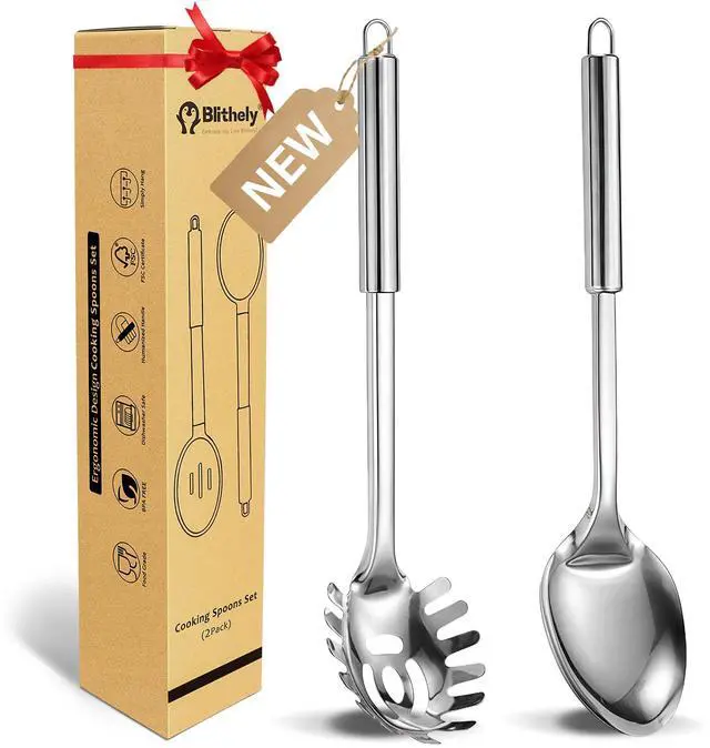 Main image of Large Cooking Spoon and Pasta Fork Set, 2 Pack Stainless Steel Serving Spoon, Heat Resistant Kitchen Noodle Spoon for Cooking, Serving, Mixing and Spaghett