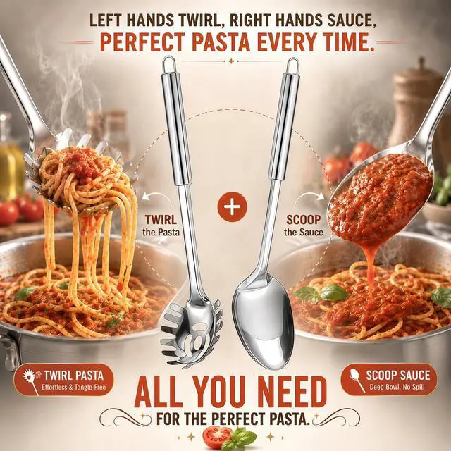 Alt view image 3 of 7 - Large Cooking Spoon and Pasta Fork Set, 2 Pack Stainless Steel Serving Spoon, Heat Resistant Kitchen Noodle Spoon for Cooking, Serving, Mixing and Spaghett