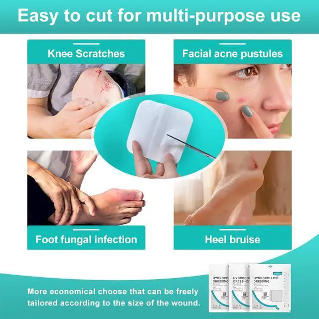 Alt view image 6 of 7 - Hydrocolloid Wound Dressing, 10 Pcs Ultra Thin 4" x 4" Large Patch Bandages with Self-Adhesive, Fast Healing for Bedsore, Burn, Blister, Acne Care, Sterile and Waterproof