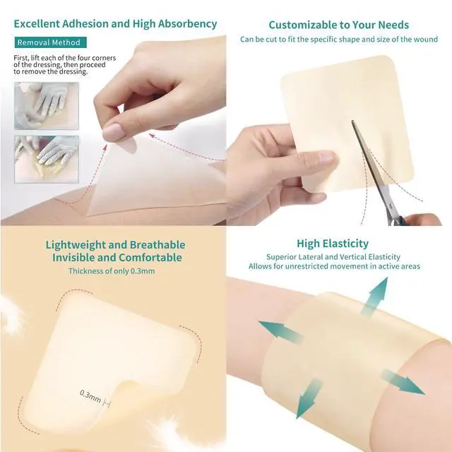 Alt view image 4 of 7 - Hydrocolloid Wound Dressing, 10 Pcs Ultra Thin 4" x 4" Large Patch Bandages with Self-Adhesive, Fast Healing for Bedsore, Burn, Blister, Acne Care, Sterile and Waterproof