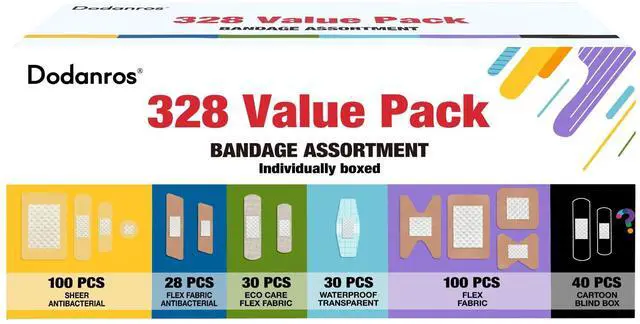 Main image of Variety Bandages Pack,328ct Assorted Bulk Various Sizes, Shapes &Features | Sheer & Flex Fabric with Benzalkonium, ECO Bamboo Fabric, Waterproof, Cartoon Blind Box Fragrance Bandages