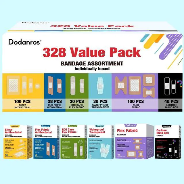 Alt view image 2 of 7 - Variety Bandages Pack,328ct Assorted Bulk Various Sizes, Shapes &Features | Sheer & Flex Fabric with Benzalkonium, ECO Bamboo Fabric, Waterproof, Cartoon Blind Box Fragrance Bandages