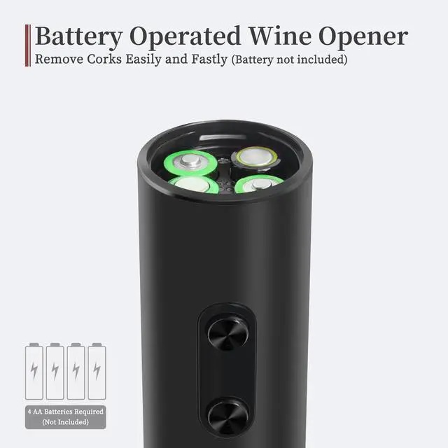 Alt view image 3 of 6 - Lightweight Electric Wine Opener, 4 AA Not Included, Black | Lightweight ABS design with foil cutter and two-button cork removal. Powered by 4 AA batteries; batteries not included.