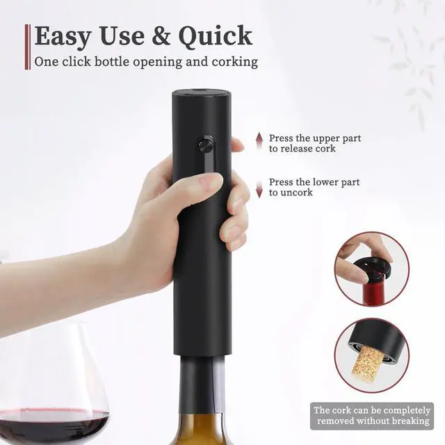 Alt view image 2 of 6 - Lightweight Electric Wine Opener, 4 AA Not Included, Black | Lightweight ABS design with foil cutter and two-button cork removal. Powered by 4 AA batteries; batteries not included.