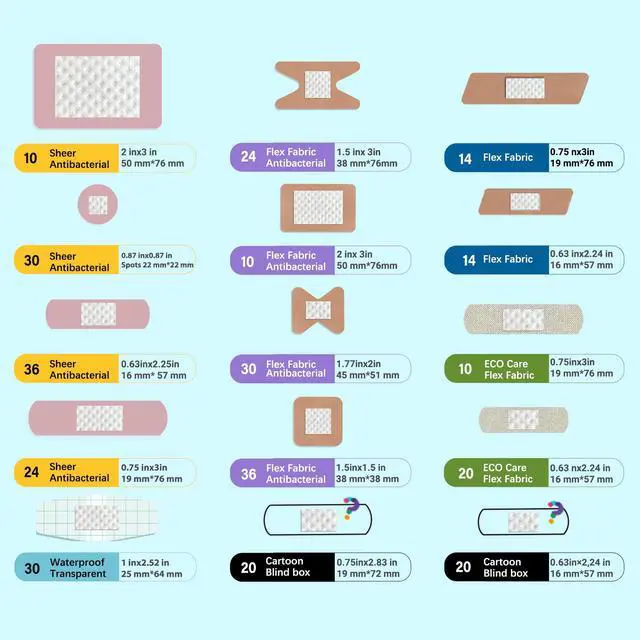 Alt view image 5 of 7 - Variety Bandages Pack,328ct Assorted Bulk Various Sizes, Shapes &Features | Sheer & Flex Fabric with Benzalkonium, ECO Bamboo Fabric, Waterproof, Cartoon Blind Box Fragrance Bandages