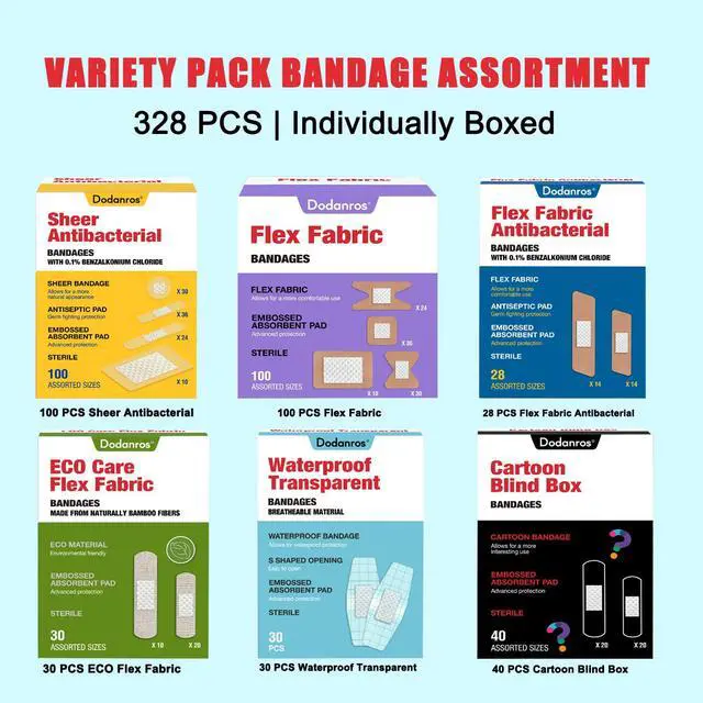 Alt view image 3 of 7 - Variety Bandages Pack,328ct Assorted Bulk Various Sizes, Shapes &Features | Sheer & Flex Fabric with Benzalkonium, ECO Bamboo Fabric, Waterproof, Cartoon Blind Box Fragrance Bandages