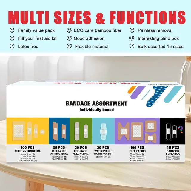 Alt view image 7 of 7 - Variety Bandages Pack,328ct Assorted Bulk Various Sizes, Shapes &Features | Sheer & Flex Fabric with Benzalkonium, ECO Bamboo Fabric, Waterproof, Cartoon Blind Box Fragrance Bandages