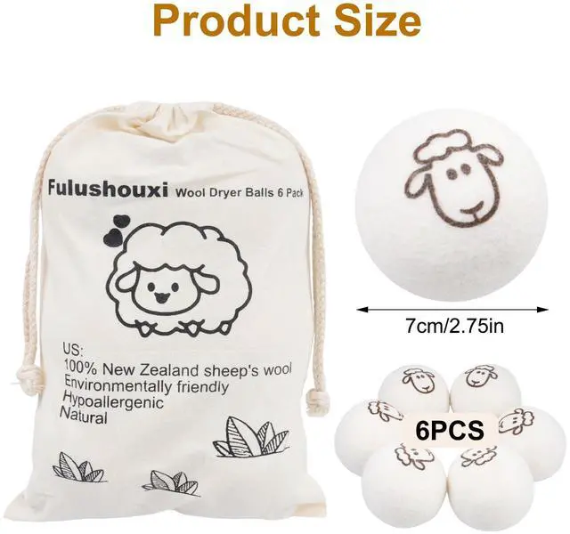 Alt view image 2 of 7 - 6 Pcs Wool Dryer Balls, Reusable New Zealand Natural Fabric Softener & Static Reducer Wool Laundry Balls for Dryer to Reduce Wrinkles & Shorten Drying Time, for Pet Hair & Laundry, with Storage Bag