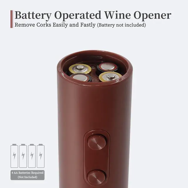 Alt view image 3 of 6 - Lightweight Electric Wine Opener, 4 AA Not Included, Red | Lightweight ABS design with foil cutter and two-button cork removal. Powered by 4 AA batteries; batteries not included.