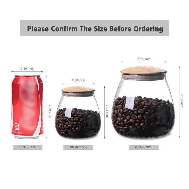 Alt view image 2 of 7 - 400 ML/13 FL OZ Clear Cute Glass Storage Canister Holder with Airtight Bamboo Lid, Round Modern Decorative Small Container Jar for Coffee, Spice, Candy, Salt, Cookie, Condiment, Pepper, Sugar