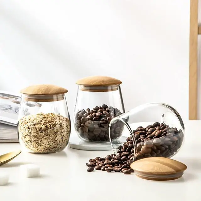 Alt view image 7 of 7 - 400 ML/13 FL OZ Clear Cute Glass Storage Canister Holder with Airtight Bamboo Lid, Round Modern Decorative Small Container Jar for Coffee, Spice, Candy, Salt, Cookie, Condiment, Pepper, Sugar