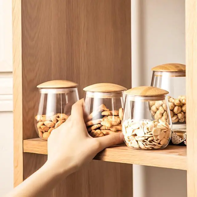 Alt view image 6 of 7 - 400 ML/13 FL OZ Clear Cute Glass Storage Canister Holder with Airtight Bamboo Lid, Round Modern Decorative Small Container Jar for Coffee, Spice, Candy, Salt, Cookie, Condiment, Pepper, Sugar
